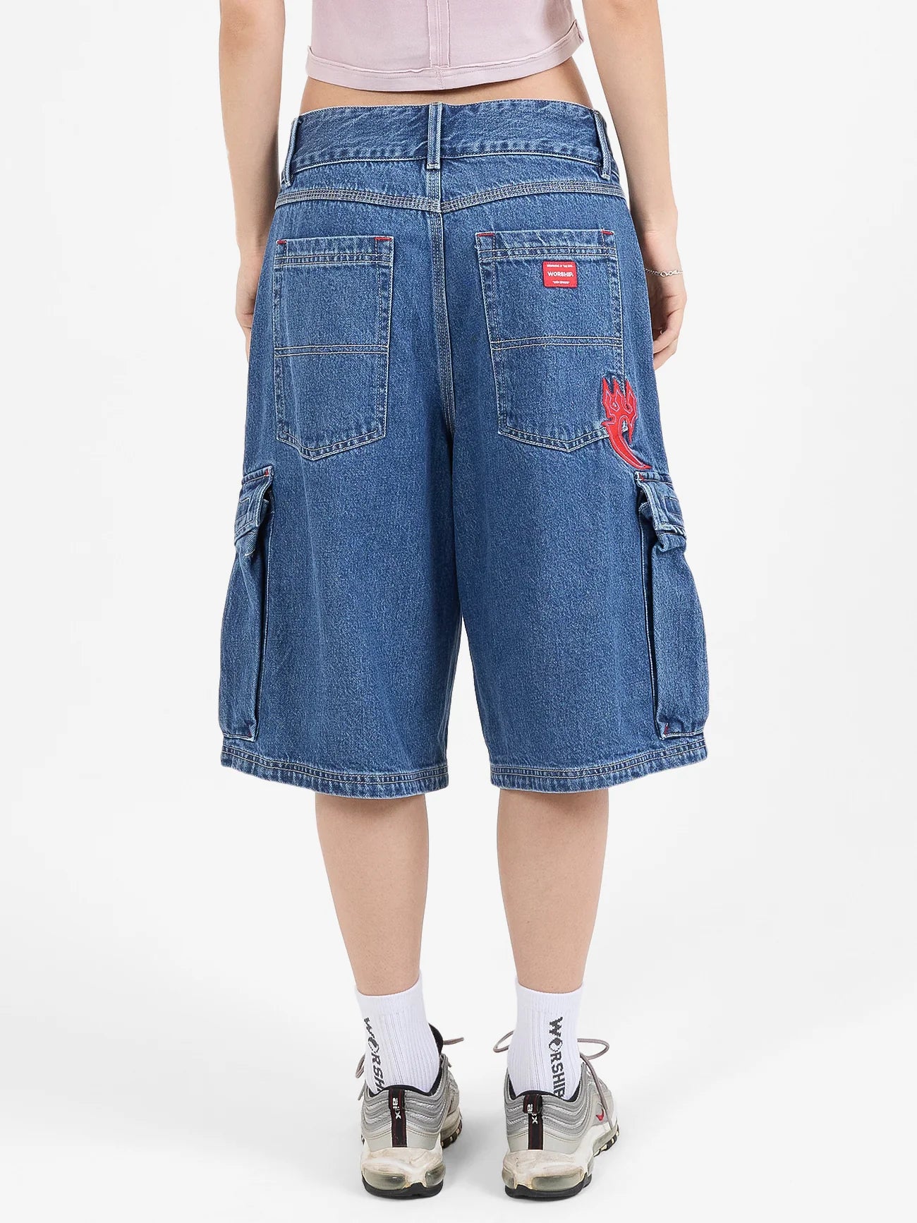 WORSHIP - Playtime Big Kitty Cargo Denim Short - WORN BLUE RINSE