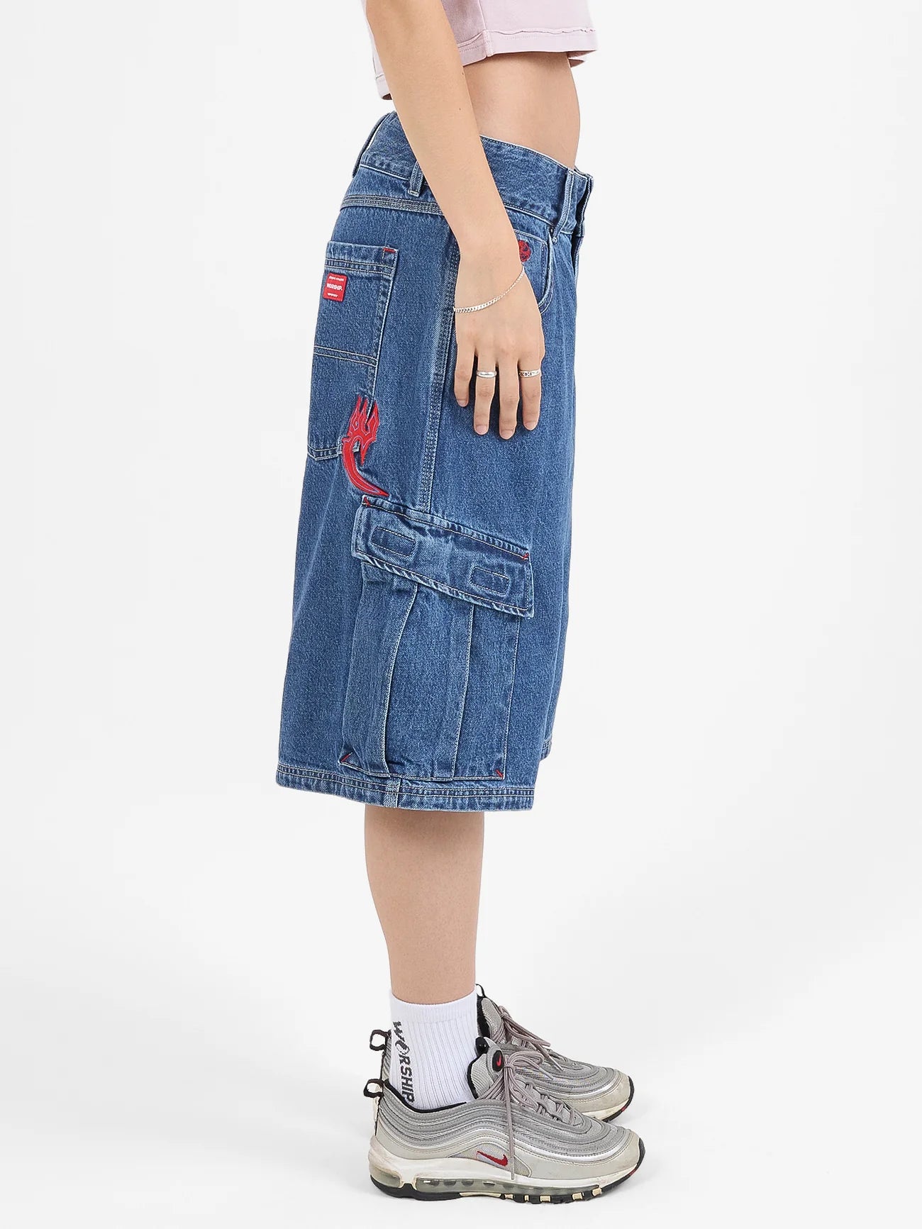 WORSHIP - Playtime Big Kitty Cargo Denim Short - WORN BLUE RINSE