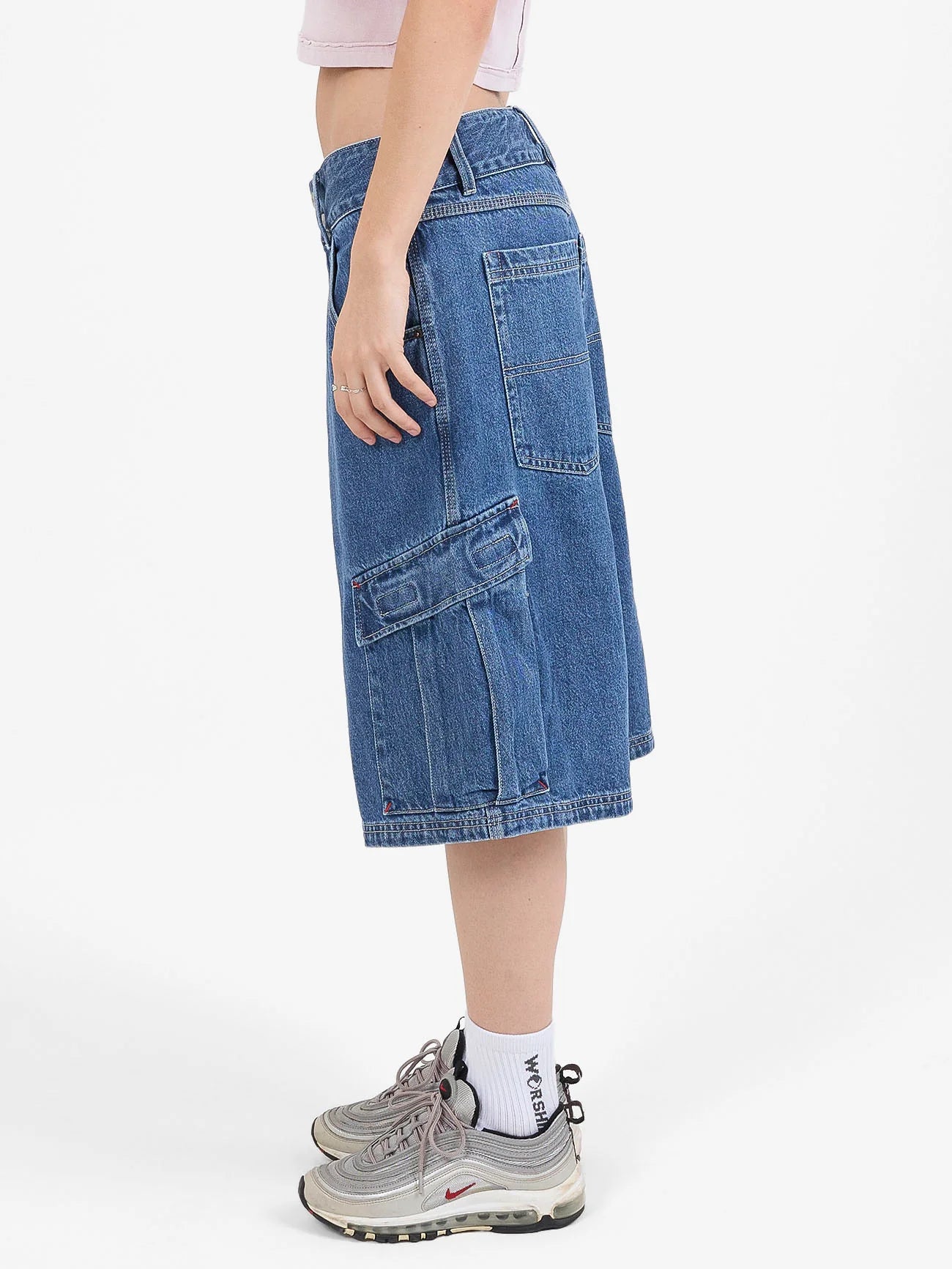 WORSHIP - Playtime Big Kitty Cargo Denim Short - WORN BLUE RINSE